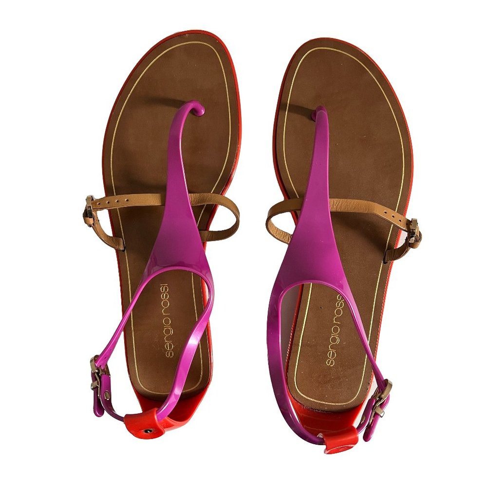 Sergio Rossi Tan Pink Colorblock Orange Rubber Thong Sandals Flats